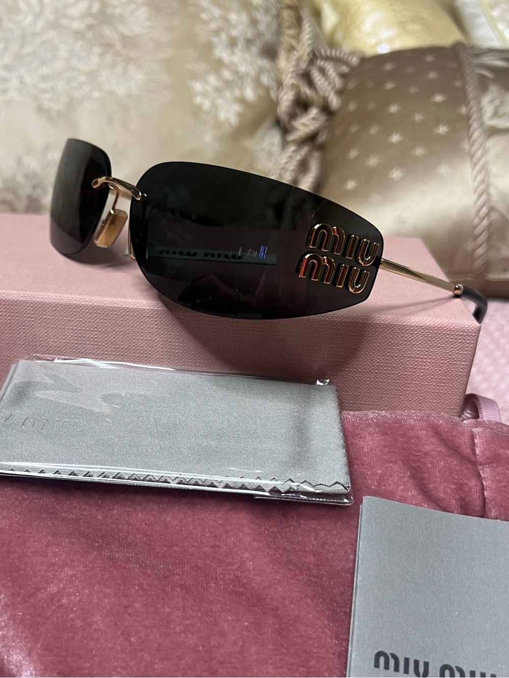 NWT Miu Miu MU A51S Gold Dark Grey Rimless Shield Sunglasses